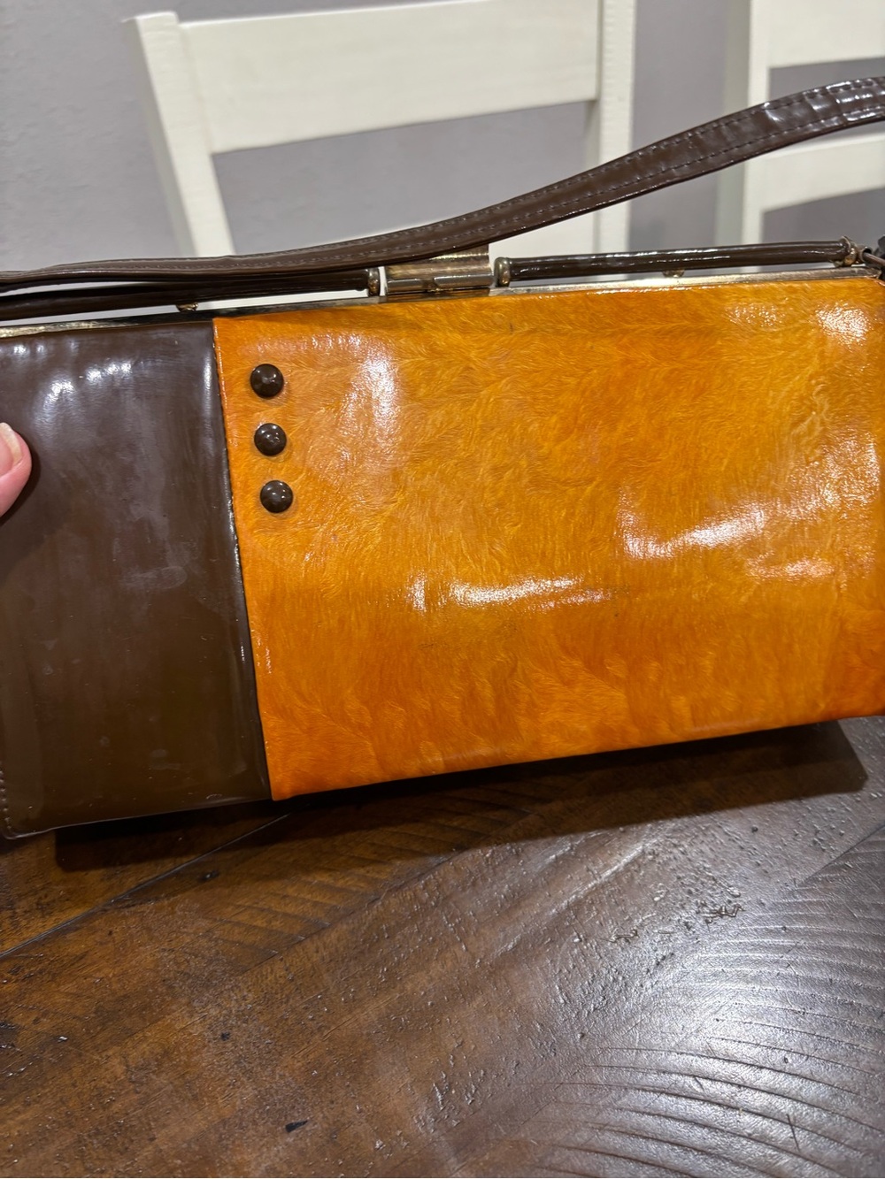 MCM 1960's Two-Tone Orange and Brown Metal close Purse with Stud Accents - Picture 4 of 16